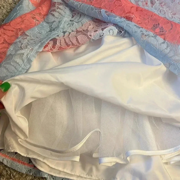 PIPPA AND JULIE STRIPE LACE DRESS IN CORAL/ BLUE - Picture 3 of 3